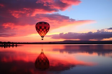 A hot air balloon floating peacefully over a vast savanna, with herds of wild animals roaming freely and a radiant sunset painting the sky in hues of orange and pink