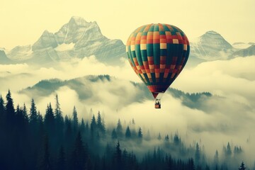 A hot air balloon gliding over a mystical forest, with dense fog enveloping the towering trees and shafts of sunlight piercing through the canopy