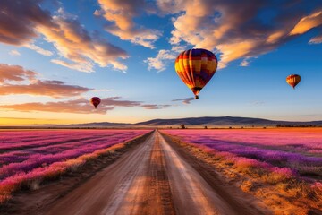A hot air balloon drifting over a vibrant lavender field, with rows of blooming purple flowers stretching as far as the eye can see, creating a visually captivating scene