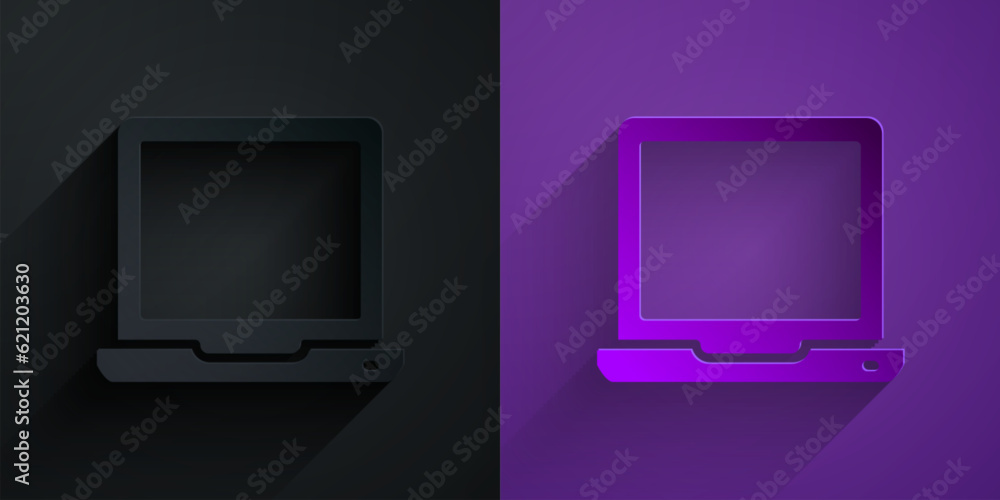 Poster paper cut laptop icon isolated on black on purple background. computer notebook with empty screen si