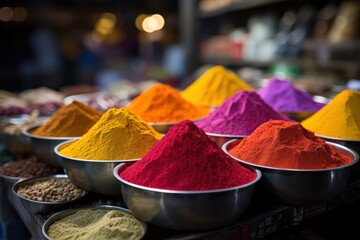 A photograph capturing a market stand adorned with an array of aromatic spices, from fiery chili powders to fragrant herbs, creating an enticing sensory experience in