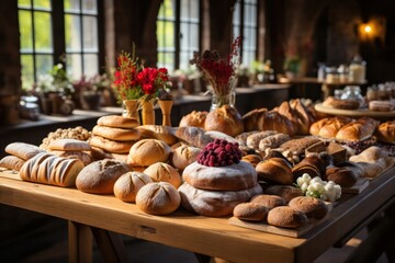 Obraz na płótnie Canvas A photograph highlighting a market stand specializing in artisanal bread, with crusty baguettes, fluffy buns, and aromatic loaves, showcasing the craftsmanship of breadmaking in