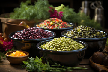 A close-up photograph of a bowl filled with colorful mixed legumes, showcasing their various textures and vibrant colors in