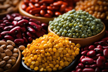 A close-up photograph highlighting the rich and diverse textures of different legume varieties, revealing their unique surface patterns in