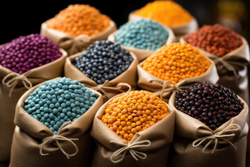 A photograph of a vibrant market stall filled with an array of fresh legumes, enticing customers with their colorful display in