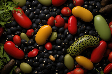 A close-up photograph highlighting the rich and diverse textures of different legume varieties, revealing their unique surface patterns in