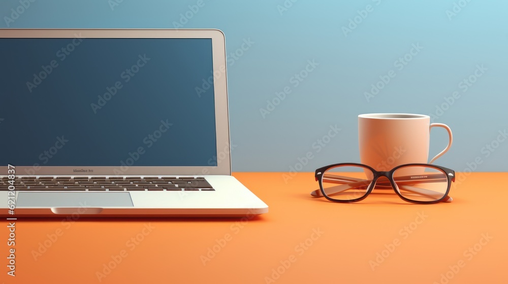 Poster laptop computer with blank screen, notebook workplace background. generative ai