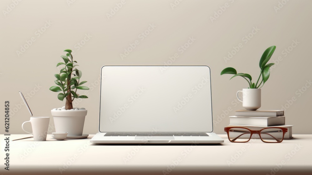 Poster laptop computer with blank screen, notebook workplace background. generative ai