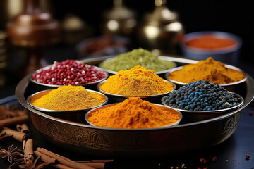 A photograph capturing a market stand adorned with an array of aromatic spices, from fiery chili powders to fragrant herbs, creating an enticing sensory experience in