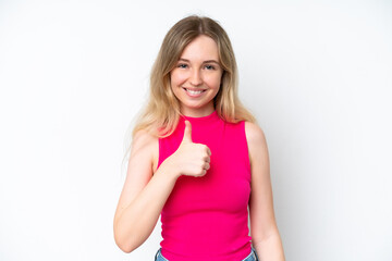 Blonde English young girl isolated on white background giving a thumbs up gesture