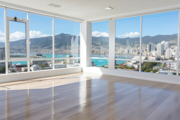 A sunlit yoga loft with a panoramic view of the ocean, creating a tranquil and invigorating atmosphere for yoga enthusiasts seeking a deeper connection with their practice