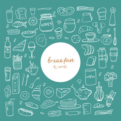 Trendy set of healthy food and fast food ingredients with lettering in vector. Doodle style. Great for menu design, banners, sites, packaging. Isolated on blue