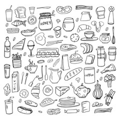 Cute set of healthy food and fast food ingredients with lettering in vector. Doodle style. Great for menu design, banners, sites, packaging. Isolated on white