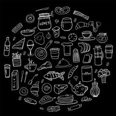 Cute set of healthy food and fast food ingredients in doodle style in vector. Great for menu design, banners, sites, packaging. Isolated on black