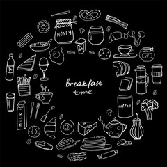 Cute set of healthy food and fast food ingredients with lettering in vector. Doodle style. Great for menu design, banners, sites, packaging. Isolated on black