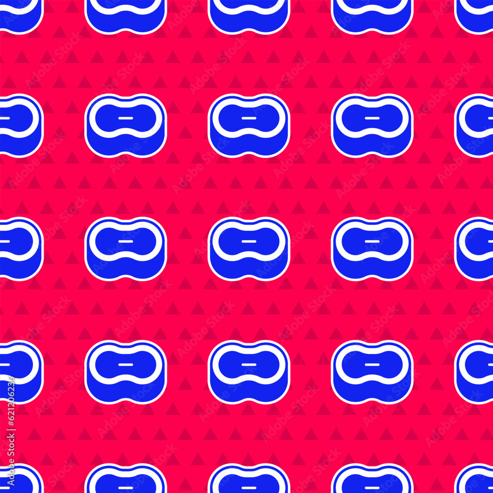 Poster blue bar of soap icon isolated seamless pattern on red background. soap bar with bubbles. vector