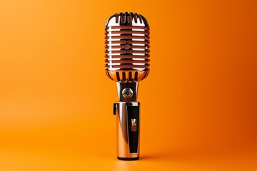 Podcast microphone on orange background, Generative Ai