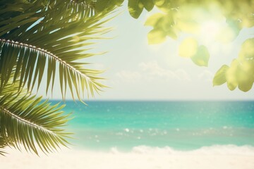 Fototapeta na wymiar serene tropical beach with a tall palm tree in focus. Generative AI