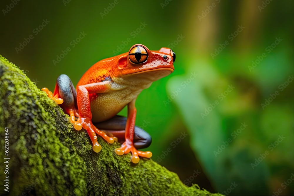 Poster red frog perched on a tree branch. generative ai