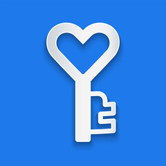 Paper cut Key in heart shape icon isolated on blue background. Happy Valentines day. Paper art style. Vector