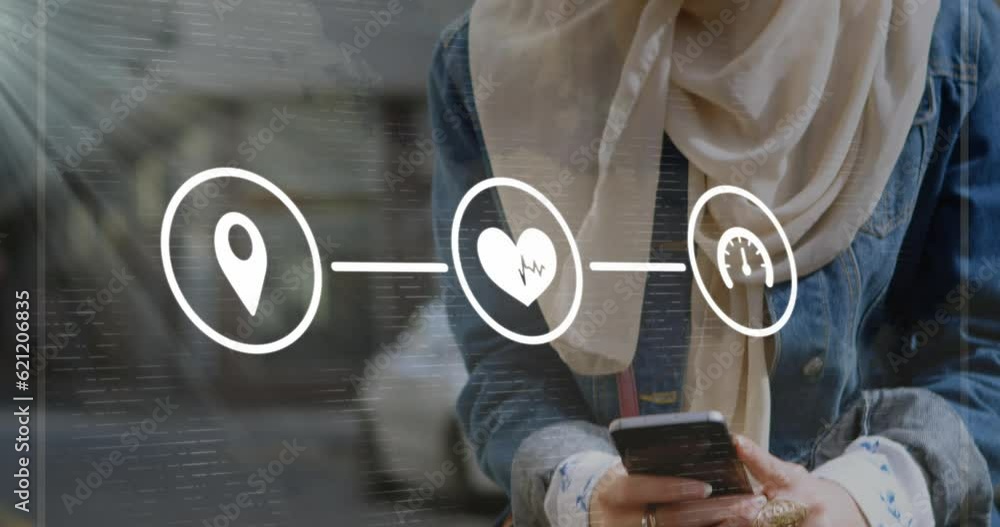 Poster animation of icons and data processing over biracial woman using smartphone