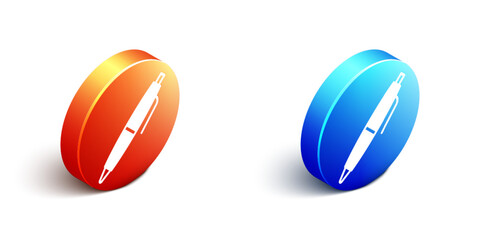 Isometric Pen icon isolated on white background. Orange and blue circle button. Vector