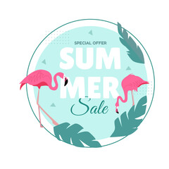 Summer sale or retail promotion with tropic background with flamingo and leafs.Summer sale vector banner design. 