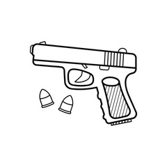 Hand drawn Kids drawing Cartoon Vector illustration Bullets, gun, pistol icon Isolated on White Background