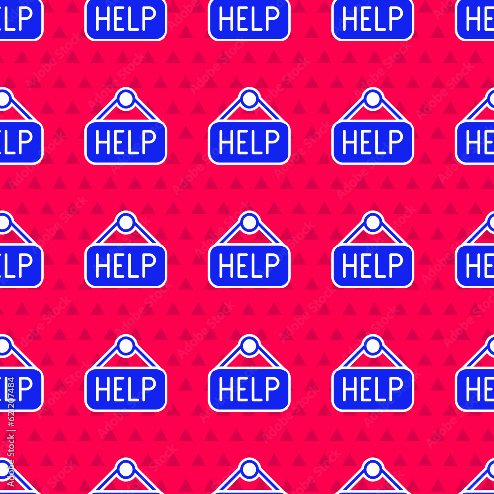 Poster blue signboard with text help icon isolated seamless pattern on red background. vector