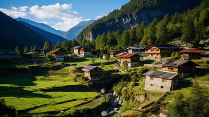 Obraz premium A traditional village nestled in the mountains, offering a glimpse into the charm of rural tourism Generative AI