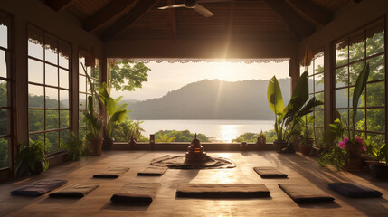 A serene yoga retreat nestled in nature, offering a sanctuary for wellness and spiritual tourism Generative AI