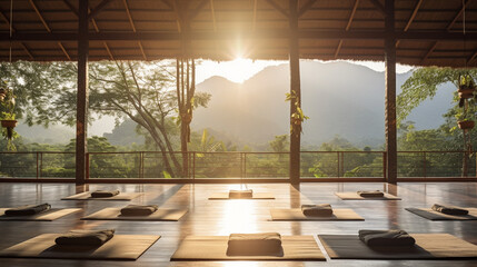 A serene yoga retreat nestled in nature, offering a sanctuary for wellness and spiritual tourism Generative AI
