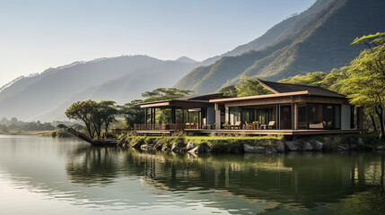 Fototapeta na wymiar A tranquil lakeside retreat surrounded by towering mountains, inviting visitors to embrace the tranquility of nature Generative AI