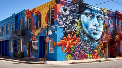 A vibrant street filled with colorful murals and street art, celebrating the creativity and allure of artistic tourism Generative AI