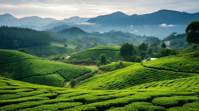 A traditional tea plantation with rolling hills and misty landscapes, inviting visitors to immerse in tea tourism Generative AI