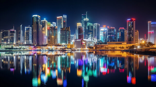 A vibrant cityscape at night, with buildings illuminated and reflecting on the water, showcasing the allure of urban nightlife tourism Generative AI