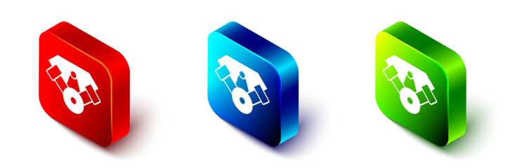 Isometric Power car engine icon isolated on white background. Red, blue and green square button. Vector