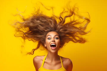 Portrait of a woman with long unkempt hair against an orange backgroundPortrait of a woman with long unkempt hair against an orange background