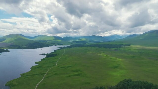 Loch Tulla and Beinn Dorain from a drone, Glen Coe, Highlands, Scotland, UK