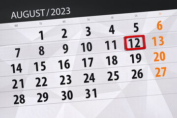 Calendar 2023, deadline, day, month, page, organizer, date, August, saturday, number 12