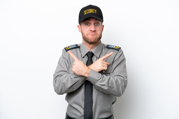 Young safeguard caucasian man isolated on white background pointing to the laterals having doubts