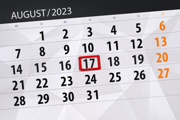 Calendar 2023, deadline, day, month, page, organizer, date, August, thursday, number 17