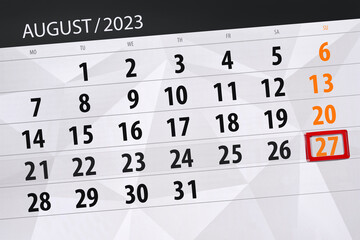 Fototapeta premium Calendar 2023, deadline, day, month, page, organizer, date, August, sunday, number 27