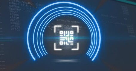 Animation of qr code, data processing over blue neon circles