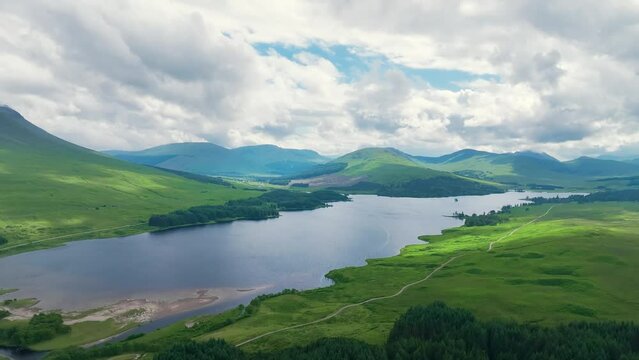 Loch Tulla and Beinn Dorain from a drone, Glen Coe, Highlands, Scotland, UK