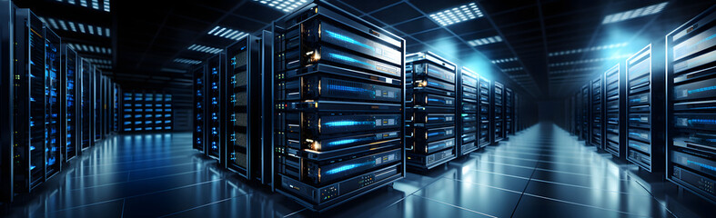 Rack housing server data storage hardware, Binary code tunnel background, Futuristic blue server room panoramic background