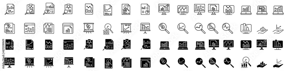 Poster business analytics icon vector set. data analysis illustration sign collection. data science symbol.