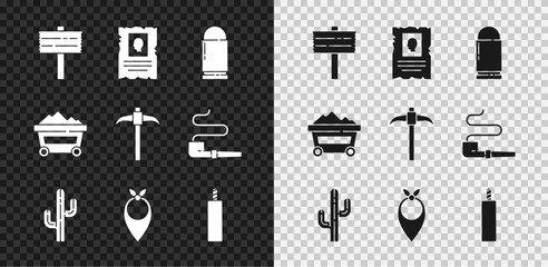 Set Road traffic signpost, Wanted western poster, Bullet, Cactus, Cowboy bandana, Dynamite bomb, Coal mine trolley and Pickaxe icon. Vector