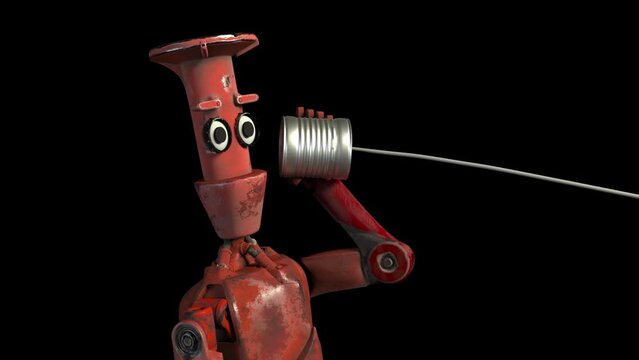 Retro robots talking on tin can phones. 3d render, alpha channel