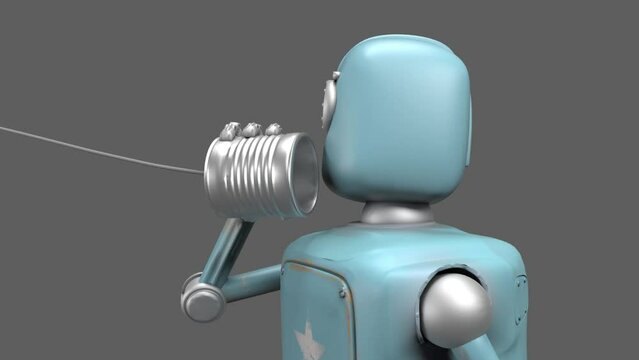 Retro robots talking on tin can phones. 3d render, alpha channel